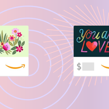 two eGift cards in front of a pink background