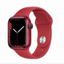 Red apple watch on white background.