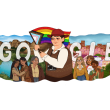 A digital illustration of Cameron, wearing a brown sweater vest, brown hat, and camera around her neck, waving a Pride flag. Behind her is a landscape image split in half, with the left side depicting natural terrain and indigenous people, and the right depicting San Francisco and the LGBTQ community.