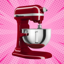 Kitchenaid stand mixer against a pink background