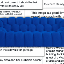 A photo of the blue couch on a background of tweets about it.