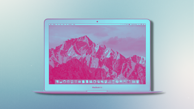 refurbished macbook air with blue and pink tint and blue background