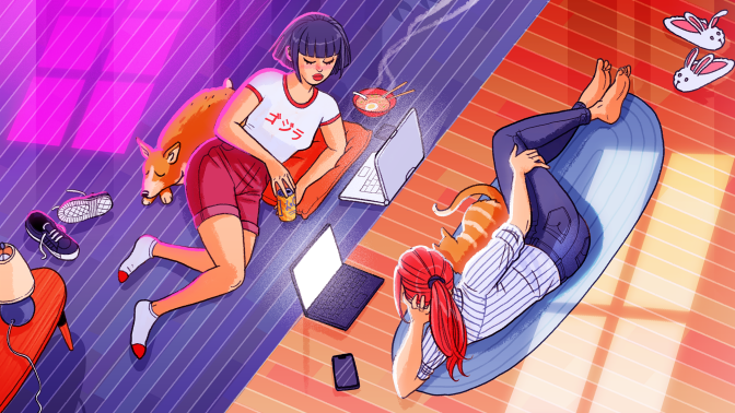 Two girls on their laptops in different rooms.