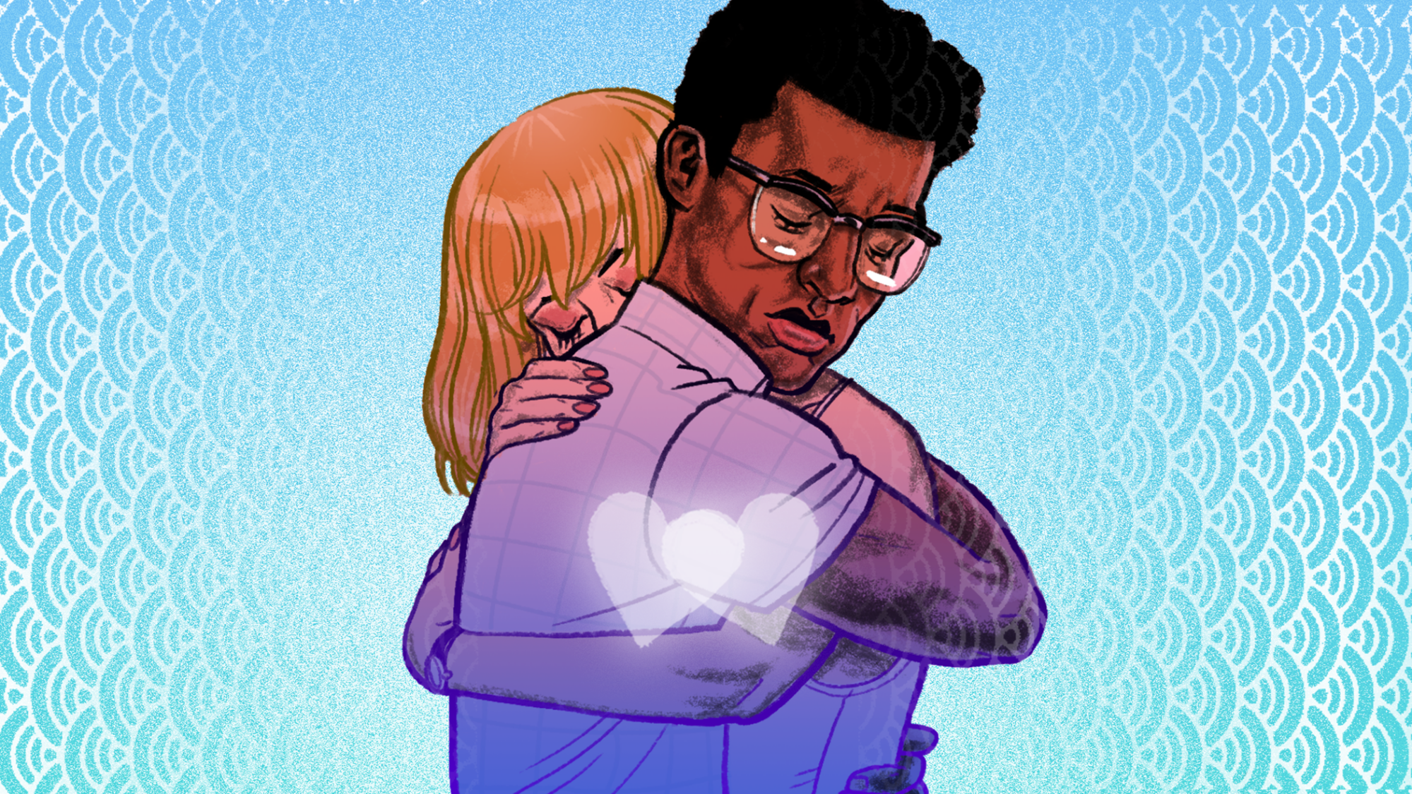 Two people hug and look sad in an illustration.