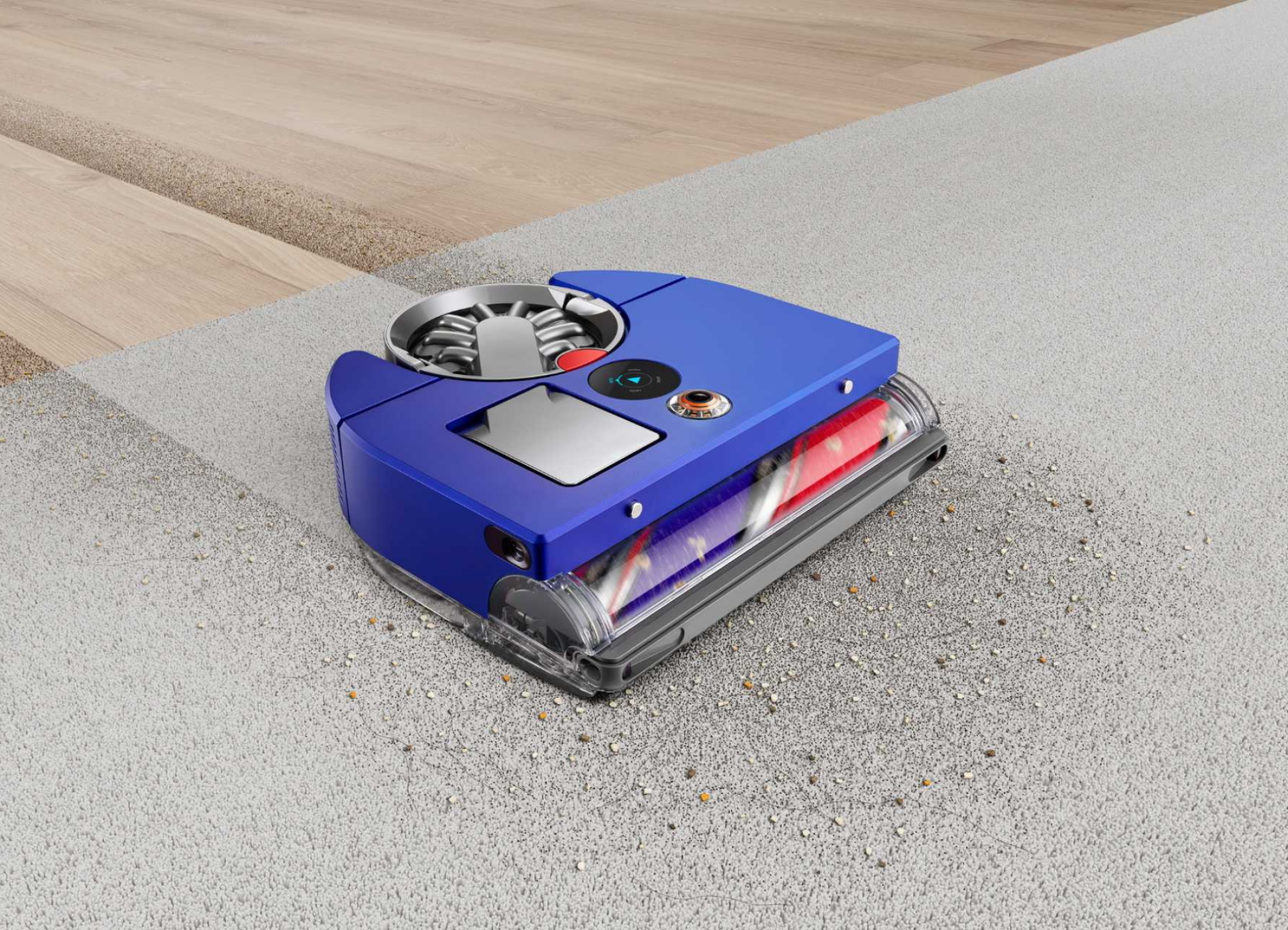 Dyson robot vacuum cleaning carpet and hardwood floor