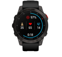 black smartwatch with red heart, white text, and blue circular line