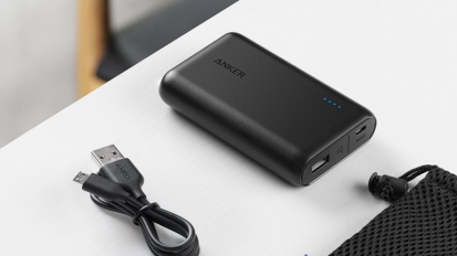 Anker portable charger on a table.