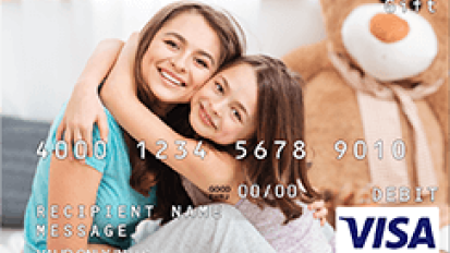 Two people hugging on a Visa gift card