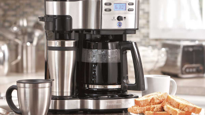 Two-way coffee maker from Hamilton Beach on a kitchen counter.