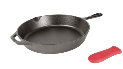 Cast iron skillet from Lodge on a white background.