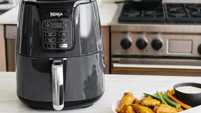 Ninja air fryer on a kitchen counter.