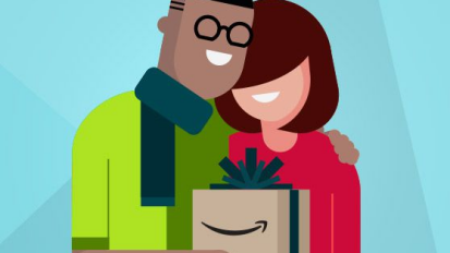 Illustration of two people holding an Amazon Prime package.
