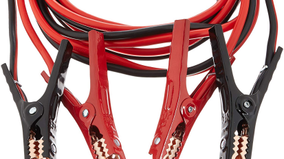 Black and red jumper cables on a white background.