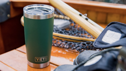 A Yeti insulated tumbler on a table.