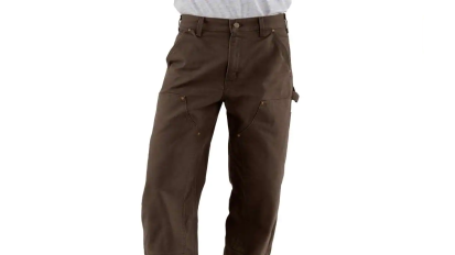 A pair of Carhartt double-front washed duck work pants on a white background.