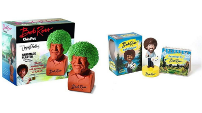 A Bob Ross Chia Pet and bobblehead set on a white background.