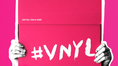 the pink VNYL logo: two hands lifting up a hot pink record