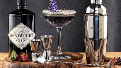 a bottle of Hendricks gin, a dark cocktail, and a cocktail shaker, alongside other kit items