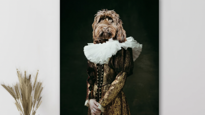 a custom portrait of a dog with human hands wearing Renaissance clothing