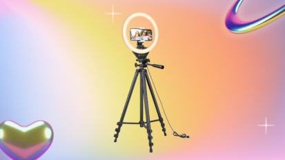 Tripod with ring light on colorful graphic background