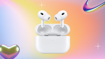 AirPods Pro and case on colorful graphic background