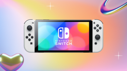 White Nintendo Switch with colorful OLED screen on colorful graphic background