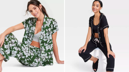 side by side images of two women wearing stars above pajama sets from target