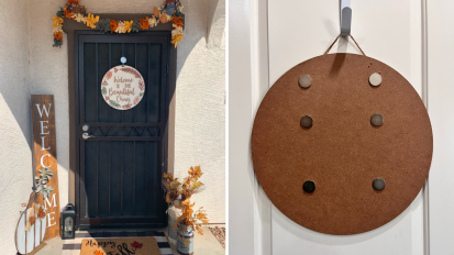 side by side images of a festive doorway and a close-up of a blank build your own door sign base from darling door decor