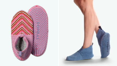 side by side images of a pair of pink bombas gripper slippers and a close-up of a woman wearing a blue pair