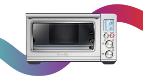 Silver toaster oven on a colorful background