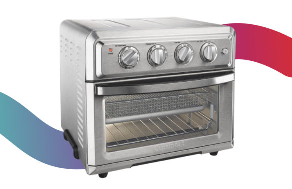Silver toaster oven on a colorful background