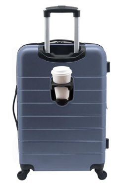 Navy suitcase with white cup in attached cupholder