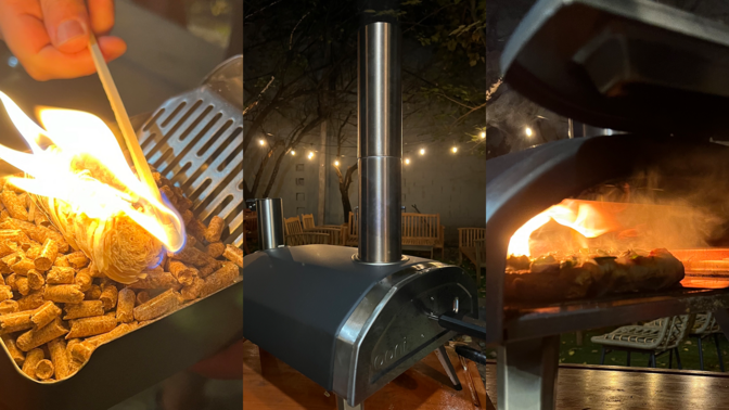 Collage of a pizza oven and lighting the fire inside the oven